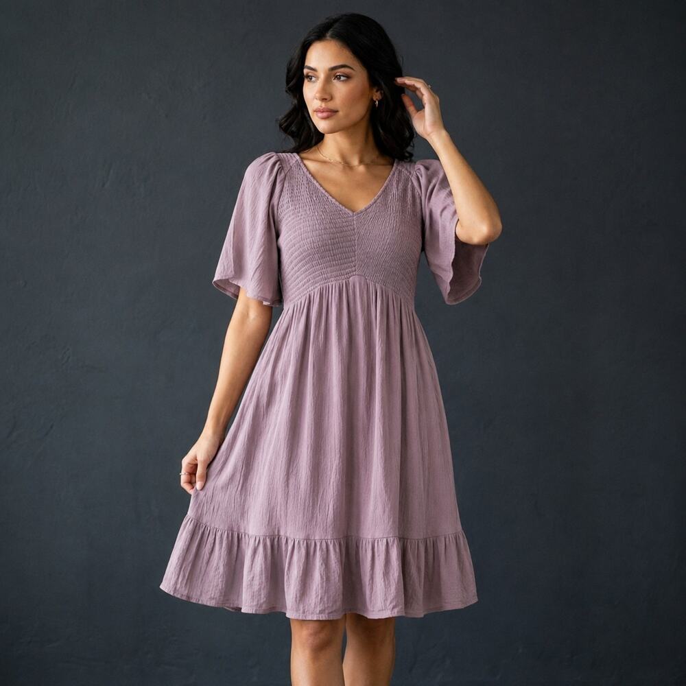 In Loom Lavender Smocked Midi Dress Women’s L Flutter Sleeve Boho Cottagecore